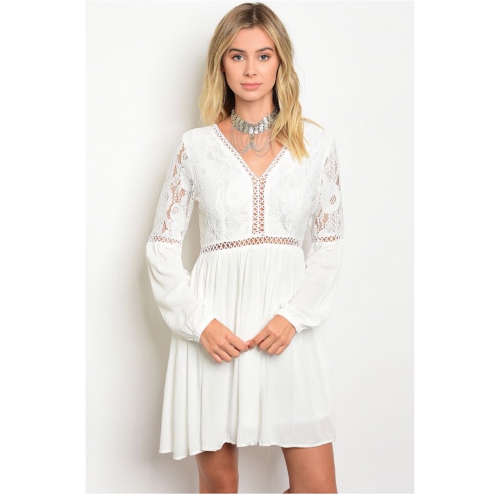 🆕⭐️ Ivory Crochet V-Neck Lace Long Sleeve Dress - Picture 3 of 6